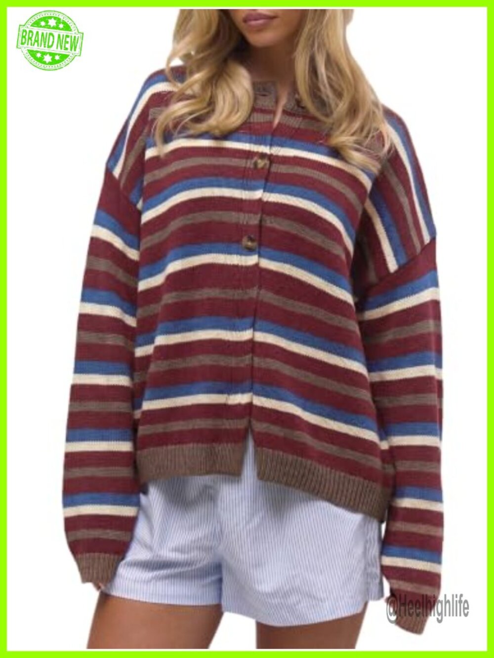 Oversized Striped Cardigan Sweater Button Front Drop Shoulder Knit
